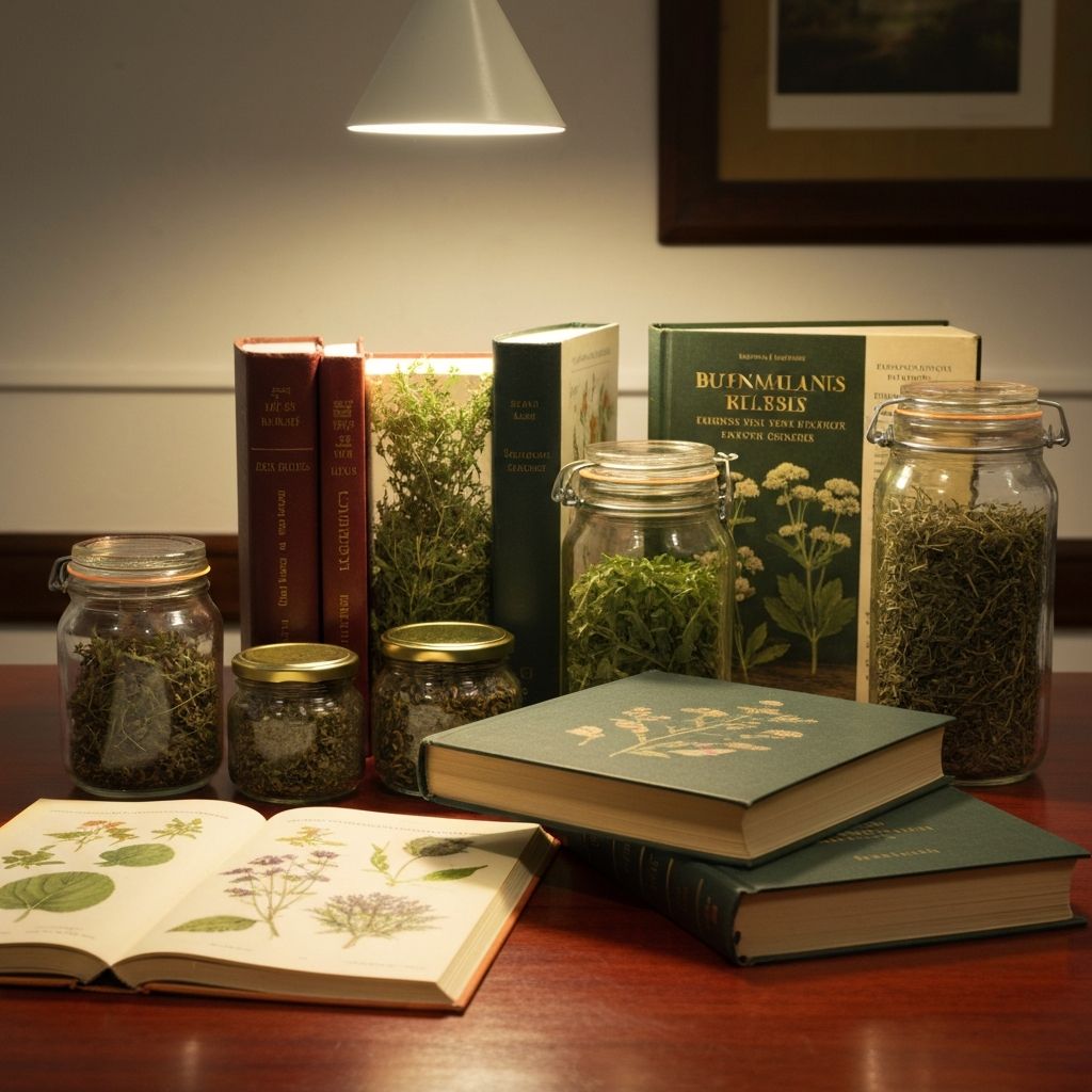 Educational botanical knowledge hub with books and natural herbs